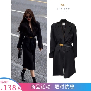 黑色休闲西装外套女2024春季韩版中长款英伦风，高级感小众西服