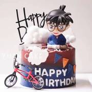 名侦探柯南蛋糕装饰摆件自行车卡通摇头公仔玩偶儿童生日烘焙插件