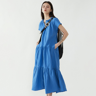 ROHEME设计感小飞袖连衣裙女夏季短袖棉麻粉色蓝色长款A字蛋糕裙