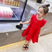 2024童装夏装3--8岁女童夏季雪纺大红色裙子亲子装洋气连衣裙