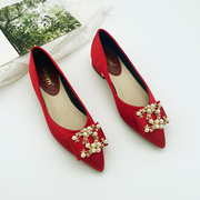 红色婚鞋秀禾服新娘鞋两穿女高跟2024春孕妇粗跟低中式礼服鞋
