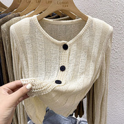 2024春季镂空针织开衫女设计感小众圆领，修身长袖毛衣短款外套上衣