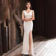 白色连衣裙成人礼宴会，高端晚礼服性感气质鱼尾，长裙主持人晚装