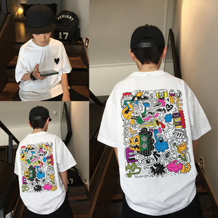 男童短袖t恤2024夏趣味(夏趣味)卡通恶搞涂鸦儿童嘻哈街舞中大童半袖上衣