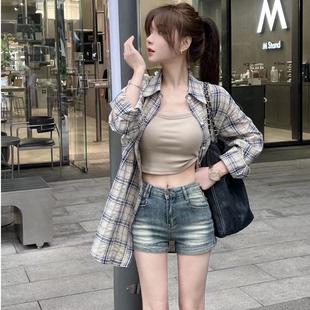 卡卡女装《蓝山咖啡》韩版慵懒风格子衬衫女夏防晒衫