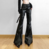 美式复古微喇pu皮裤女性感，辣妹y2k裤子，修身显瘦暗黑金属喇叭长裤
