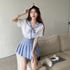 韩国chic夏季学院风JK海军制服套装女甜美短袖衬衫+格子百褶裙子