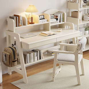 北欧白色实木书桌书架，一体桌简约学生，家用学习桌卧室电脑桌儿童