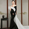 影楼孕妇拍照服装复古中国风黑白缎面，大肚子妈咪礼服
