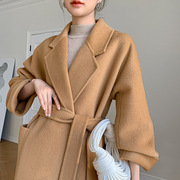 秋冬双面呢纯羊毛呢子大衣女长款加厚系带长袖纯色带腰带外套