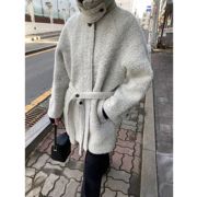 2023冬季韩国设计师遮风保暖厚实立领系带插肩毛呢大衣外套