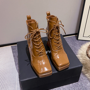 方头系带漆皮高跟，短靴系带粗跟女靴子，2023年秋冬韩版防水台