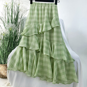 清新绿色格子雪纺蛋糕半身裙，女中长款森系甜美荷叶边不规则裙子