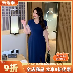 GLEC大码女装2024夏季高端时尚洋气收腰开衩花瓣袖V领连衣裙