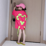 女童短袖t桖裙中长款儿童裙子，宽松t桖2024韩版爱心织带上衣潮