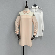 粉色中长款长袖衬衫直筒宽松腰蕾丝拼接气质名媛遮肚子白色衬衫裙