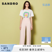 sandrooutlet女装春季简约气质，宽松高腰阔腿粉色长裤sfppa00866