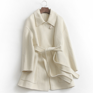 f946纯色翻领大口袋系腰带，双面呢子外套冬季长袖女装毛呢大衣