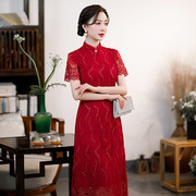 红色短袖蕾丝旗袍复古改良版修身a字连衣裙便装新娘服b1015
