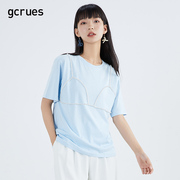 gcrues重工钉珠t恤设计感夏打底衫宽松短袖，薄款蓝色上衣套头