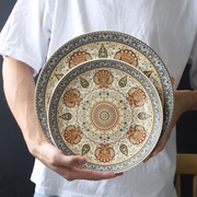 波西米亚风手绘盘子创意花纹个性，欧式餐盘平盘，11寸西餐盘摆拍浅盘