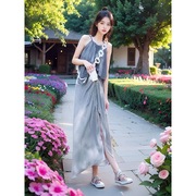 韩系套装女夏季小清新吊带无袖，上衣高腰显瘦开叉半身长裙子两件圣