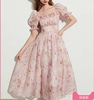 夏装温柔公主裙粉色方领气质仙女裙连衣裙显瘦法式风海边度假长裙