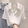 法式夏季白色短袖雪纺衬衫，女设计感小众上衣气质polo翻领小衫