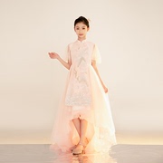 粉色中国风珠绣女童前短后长裙，民乐演出主持生日宴会婚礼花童礼服