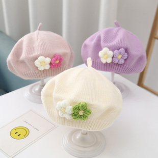 女宝宝帽子秋冬季婴儿针织贝雷帽，可爱小花女童，画家帽儿童毛线帽潮
