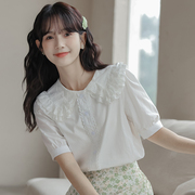2023年夏季韩版百搭纯色，甜美娃娃领淑女蕾丝，白色短袖衬衣女