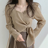 韩国chic秋季复古显瘦方领不规则，系带不规则，设计宽松长袖衬衫上衣