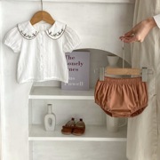 婴儿衣服夏季套装女宝宝白色翻领衬衫花苞短裤儿童夏装洋气外穿
