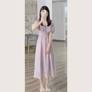 紫色连衣裙女夏2022高级感荷叶边法式v领收腰显瘦仙女裙长裙