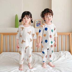 儿童家居服夏季薄款七分袖宝宝睡衣，套装a类纯棉，中小童卡通空调服