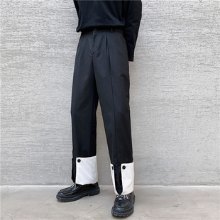 2021春季款个性黑白拼接设计感小西裤男宽松韩版小众休闲直筒长裤