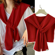 针织毛线小披肩女大红色，护颈椎交叉外搭肩衬衫，秋冬季空调房薄围巾