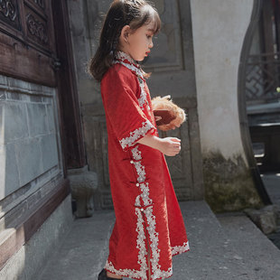 全开襟中国风儿童旗袍女春夏，夏季民国风民国装女童夏长款红色