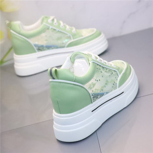 蕾丝透气绿色清新小白鞋2023夏低帮内增高8cm休闲网面单鞋潮