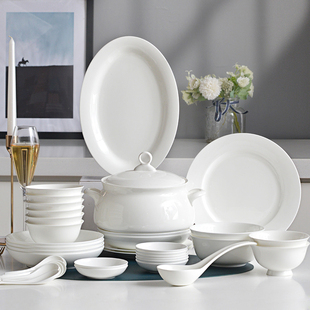 纯白色碗碟套装家用陶瓷碗盘子组合中式简约56件唐山骨瓷餐具送礼
