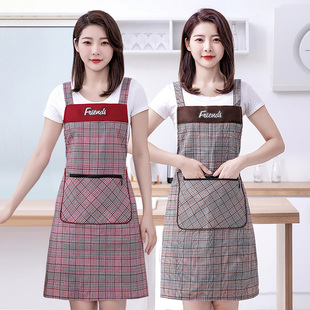 时尚网红棉布围裙家用厨房，做饭工作服女洋气格子透气背带围腰