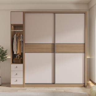 推拉门衣柜家用卧室实木颗粒板小户型2.4米高移动门大衣橱