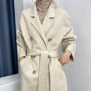 htbt定制冬季温柔感兔毛，大衣女宽松长款气质，加厚系带毛呢外套