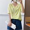 惠衣阁夏季女人造棉短袖衬衫半套头刺绣衬衫韩版甜美休闲格子衬衫