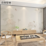 现代新中式手绘荷花电视背景，墙布5d客厅沙发背景墙装饰壁纸壁画