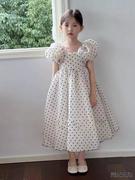 女童24夏季甜美风连衣裙，小女孩韩版黑色，波点方领泡泡袖礼服裙