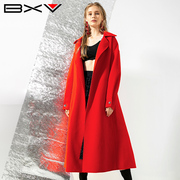 红色系带双面羊绒，大衣女中长款2023春秋羊毛，双面呢宽松外套潮