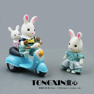 可爱仿真迷你摩托车，模型兔子一家出行娃娃屋，摆件过家家玩具