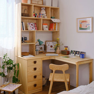 转角书桌书架一体桌子儿童，实木学生家用学习桌卧室，写字桌书柜组合