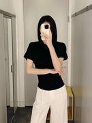 极简COS风休闲版型黑色针织上衣POLO领短袖23夏季通勤女士T恤